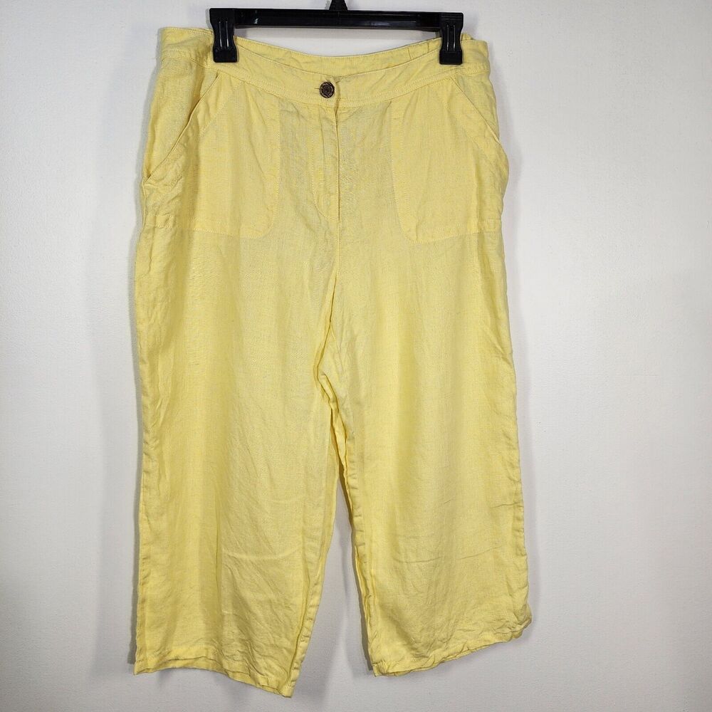 Chicos Womens Cropped Pants Size 2 Large 12 100% Linen Yellow Beach Pockets High